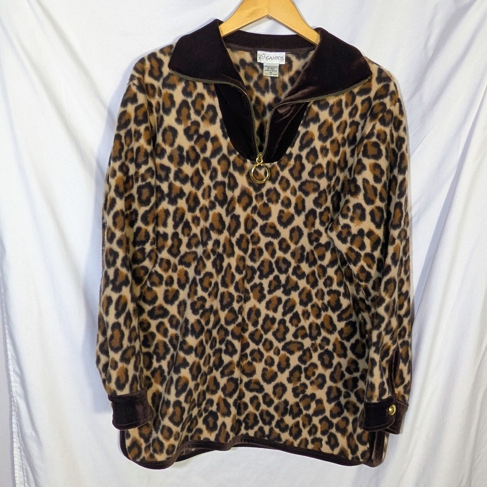 Vtg Gantos 1/4 Zip Fleece, Leopard Print Soft, Warm, Cozy, Fall/Winter Sz M